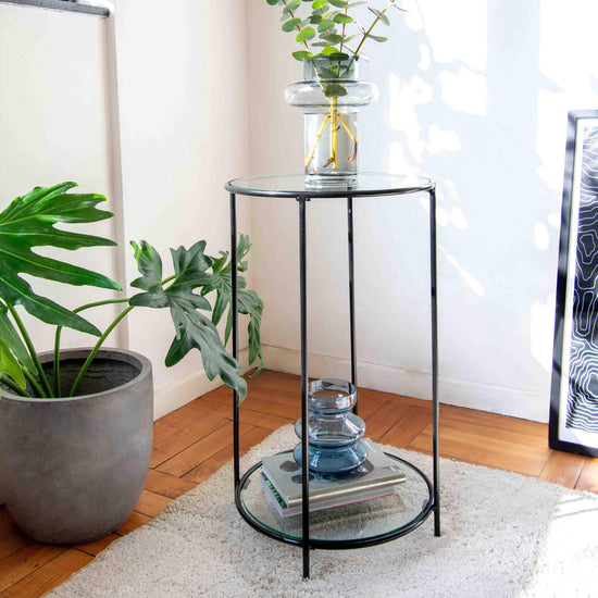 Mesa Lateral circular dos niveles Negro GLASS