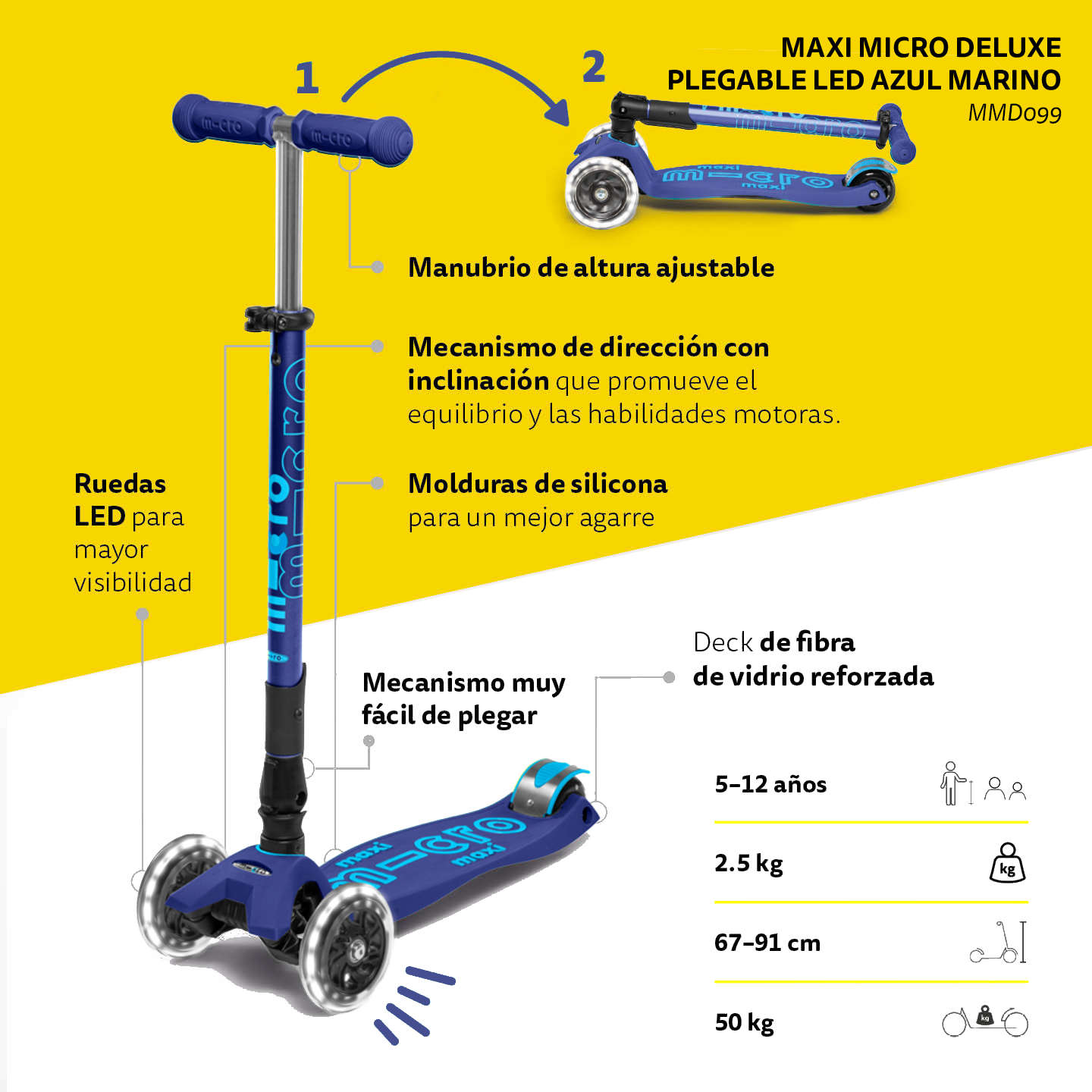 Micro Scooter Maxi Deluxe PLEGABLE LED Azul Marino