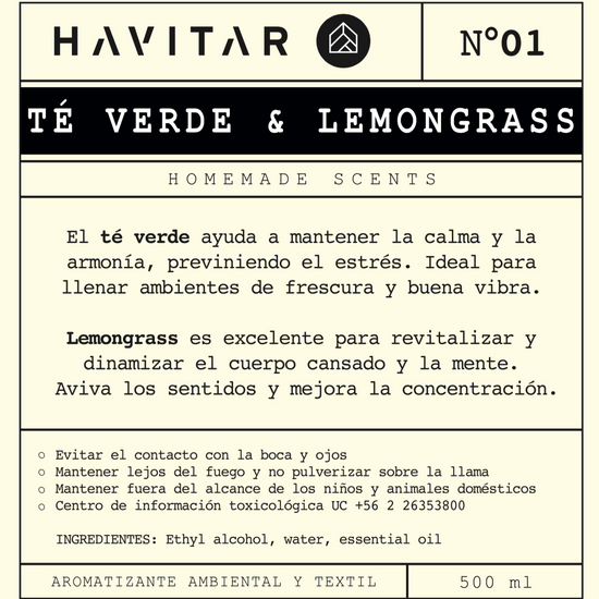 Aromatizador Ambiental y Textil Té Verde & Lemongrass Vidrio 500 ml Havitar