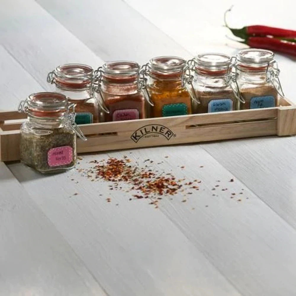 Set 6 Frascos Especias 70ml + Caja Madera Kilner